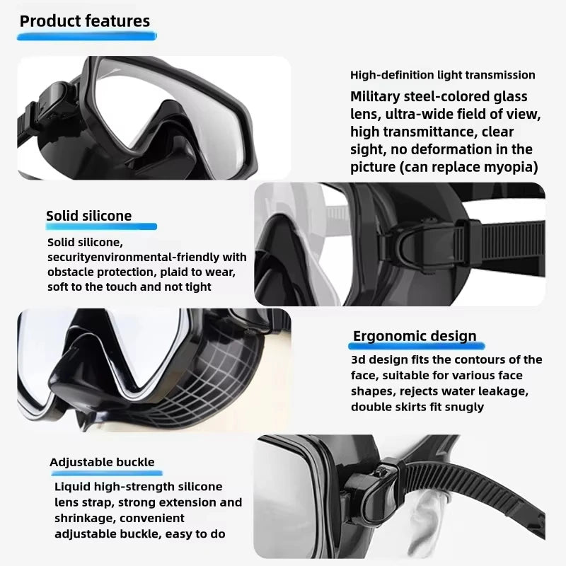 Diving Mask Snorkel Set For Adults Tempered Glass Scuba Professional Panoramic Snorkeling Gear Swimming Training Snorkel Kit