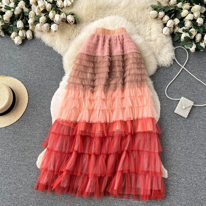 Voille Skirts Women Gradient Y2k High Waist Elastic Jupe Ladies Tulle Mujer Faldas Ruffles Long Female Mesh Skirt Dropshipping