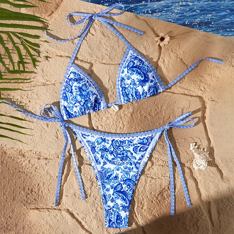 Blue White Porcelain Printing Halter String Triangle Two Piece Bikini Women Swimsuit Separate Beach Wear Adjust Lace-up Swimsuit