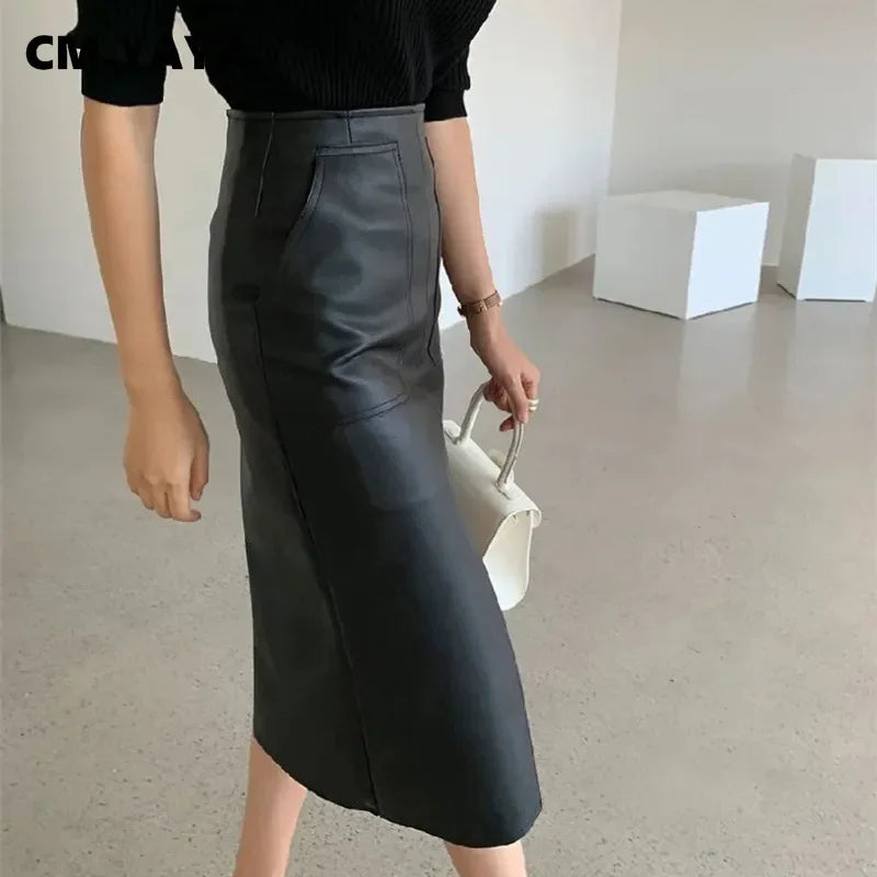 CM.YAYA Women High Waist PU Leather Vintage Straight Split Skirt 2025 Winter Street Pockets Basic Club Party Long Midi Skirts