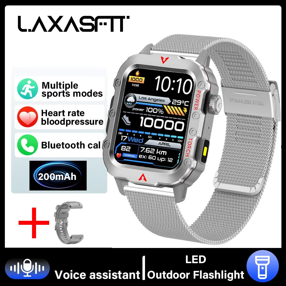 LAXASFIT 2025 New Smart Watch Men's Outdoor Watch 1.85 inch Voice Assistant Bluetooth Call with LED Flashlight Smart Watch