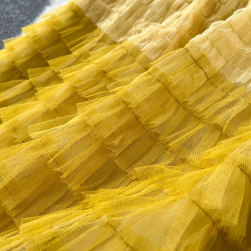 Voille Skirts Women Gradient Y2k High Waist Elastic Jupe Ladies Tulle Mujer Faldas Ruffles Long Female Mesh Skirt Dropshipping