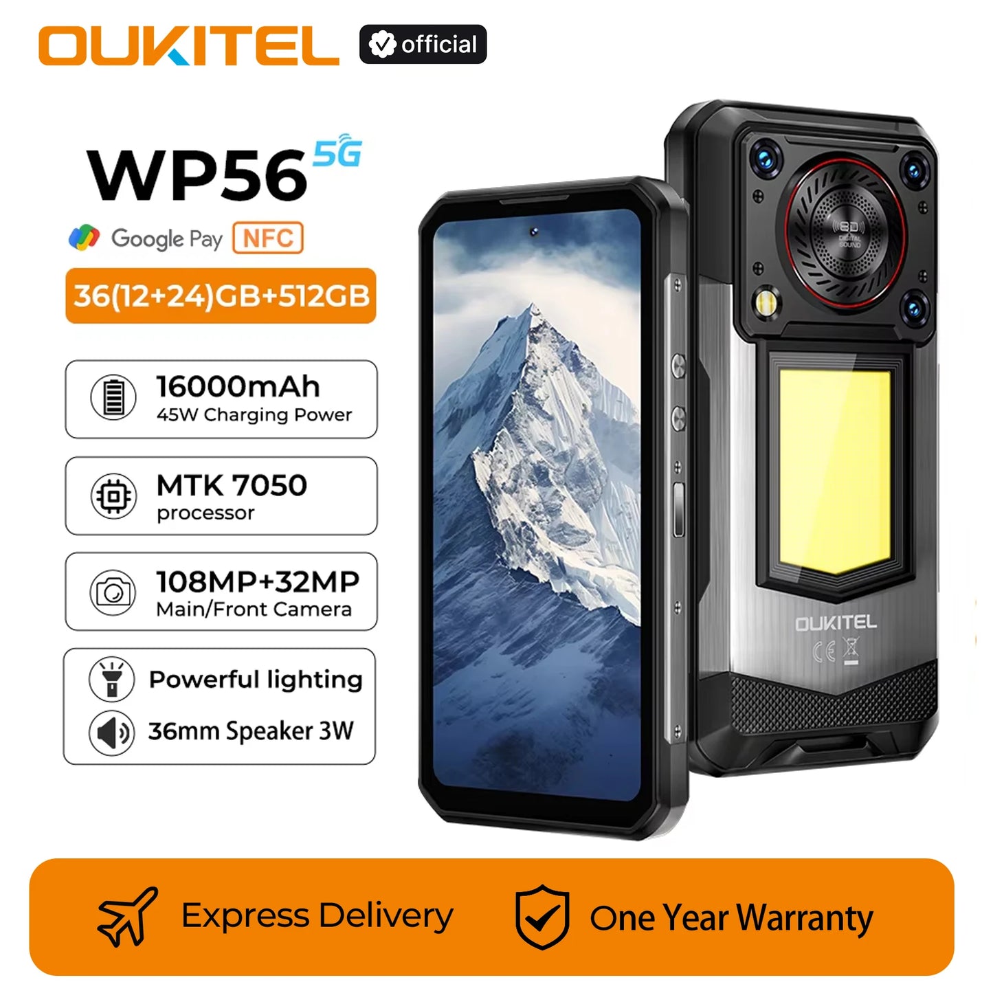 OUKITEL WP56 Rugged phone 16000mAh 45w 36GB+512GB 6.8“FHD 120Hz cell phone MTK7050 32MP+108MP android 15 smartphone
