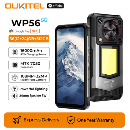 OUKITEL WP56 Rugged phone 16000mAh 45w 36GB+512GB 6.8“FHD 120Hz cell phone MTK7050 32MP+108MP android 15 smartphone