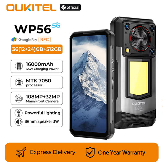 OUKITEL WP56 Rugged phone 16000mAh 45w 36GB+512GB 6.8“FHD 120Hz cell phone MTK7050 32MP+108MP android 15 smartphone