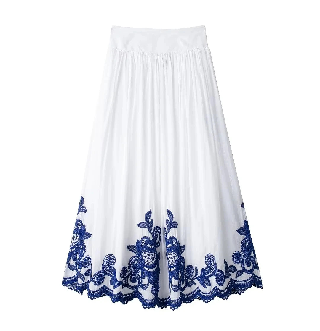 HH Blue Floral Embroidery Skirt For Women Fashion Casual Loose Elastic Waist Skirt Pleated Woman High Waist Midi Skirts