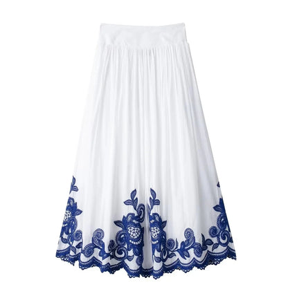 HH Blue Floral Embroidery Skirt For Women Fashion Casual Loose Elastic Waist Skirt Pleated Woman High Waist Midi Skirts