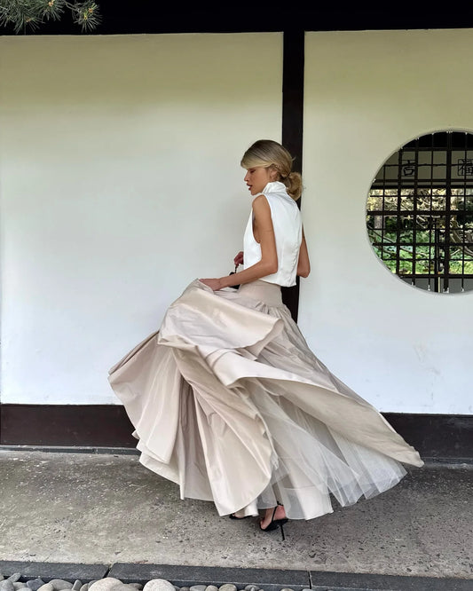 High Waist Khaki Taffeta Evening Maxi Skirt with Tulle Lining Ruffles Floor Length Women Prom Party Skirts Puffy Evening Gowns