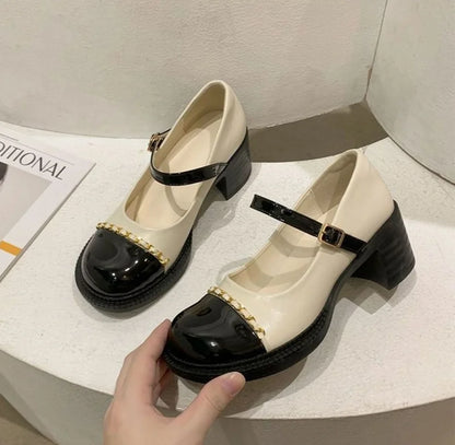 Women's Summer Footwear On Heeled Round Toe Shoes For Woman 2025 Gothic Mary Jane Pumps High Heels Luxury Leather Casual Black A