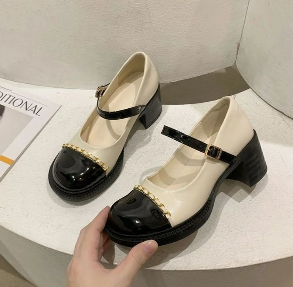 Women's Summer Footwear On Heeled Round Toe Shoes For Woman 2025 Gothic Mary Jane Pumps High Heels Luxury Leather Casual Black A