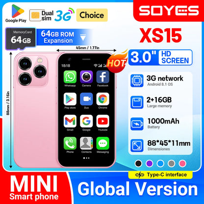 SOYES XS15 Mini Android8.1 Smart Phone 3.0 Inch Display 2GB RAM 16GB ROM Dual SIM Standby Play Store 3G Little Phone