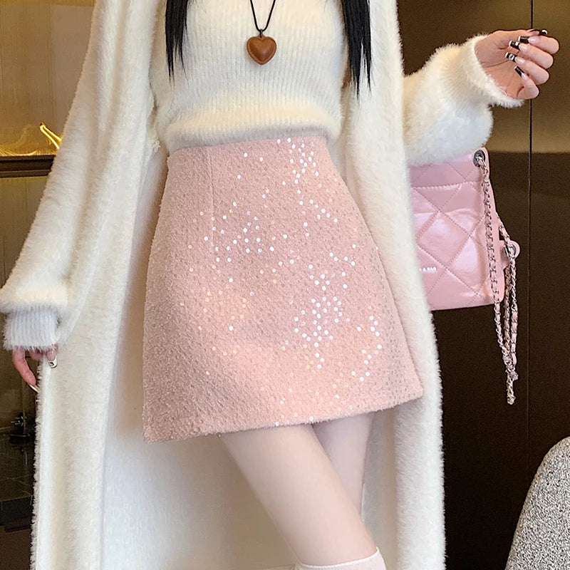 Fashion Y2K Streetwear Winter Mini Skirt Women Glitter Sequin Bodycon Tweed Skirts With Shorts A-Line Pink White Black Faldas