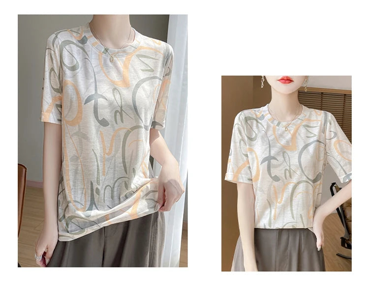 Spring And Summer New Lyocell Short Sleeve Sweater Loose Thin Half Sleeve T-shirt Printed Top