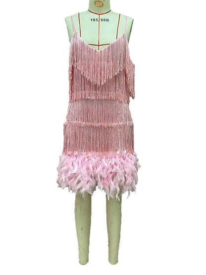 Summer Fashion Elegant Tassel Sequin Dress Women's Sexy Slim Sleeveless V-neck High Waist Suspender Feather Stitching Dresses