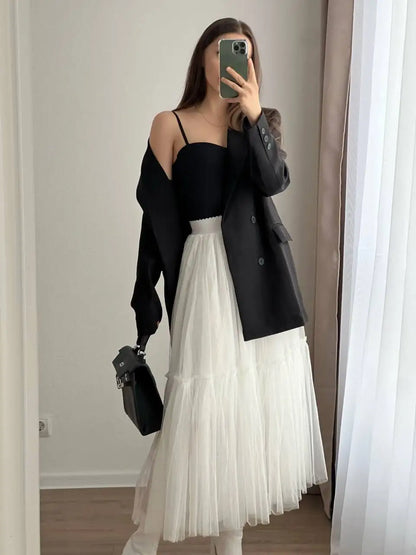 Hirsionsan Pleated Cake Skirts Women 2024 New Korean Harajuku Sweet Lace Skirt Ladies Elegant Party Ball Gown Female Mesh Skirt