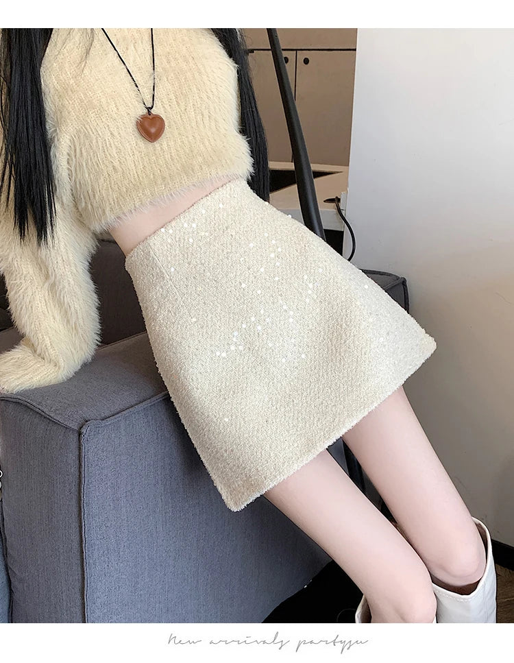 Fashion Y2K Streetwear Winter Mini Skirt Women Glitter Sequin Bodycon Tweed Skirts With Shorts A-Line Pink White Black Faldas
