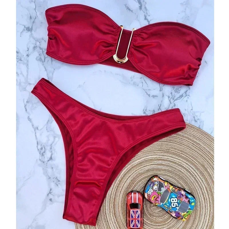 High Waist Swimsuit Women Push Up Beachwear Sexy Bandeau Bathing Suit Maillot De Bain Femme Bikini Summer Swimwear Women