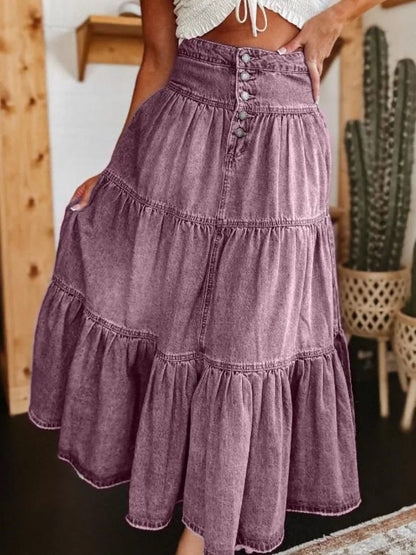 Womens A-Line Denim Long Skirts High Waist Ruffled Hem Midi Denim Skirt Stretchy Button Denim Maxi Skirt Streetwear
