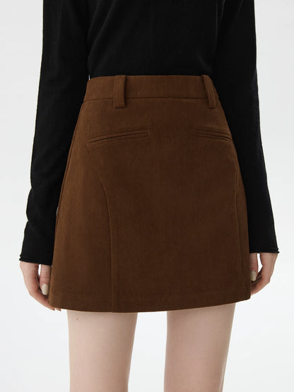 FSLE【2 Colors】Women Mini Skirts Zipper Waist Retro Brown Corduroy Above-Knee Length A-LINE Skirts Winter Black Bottom 24FS14555