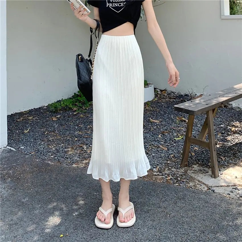 Summer New Fashion Solid Spring Wrapped Hip Fishtail Skirt Women Patchwork Elastic Waist Elegant Gentle Mid Length A-line Skirts