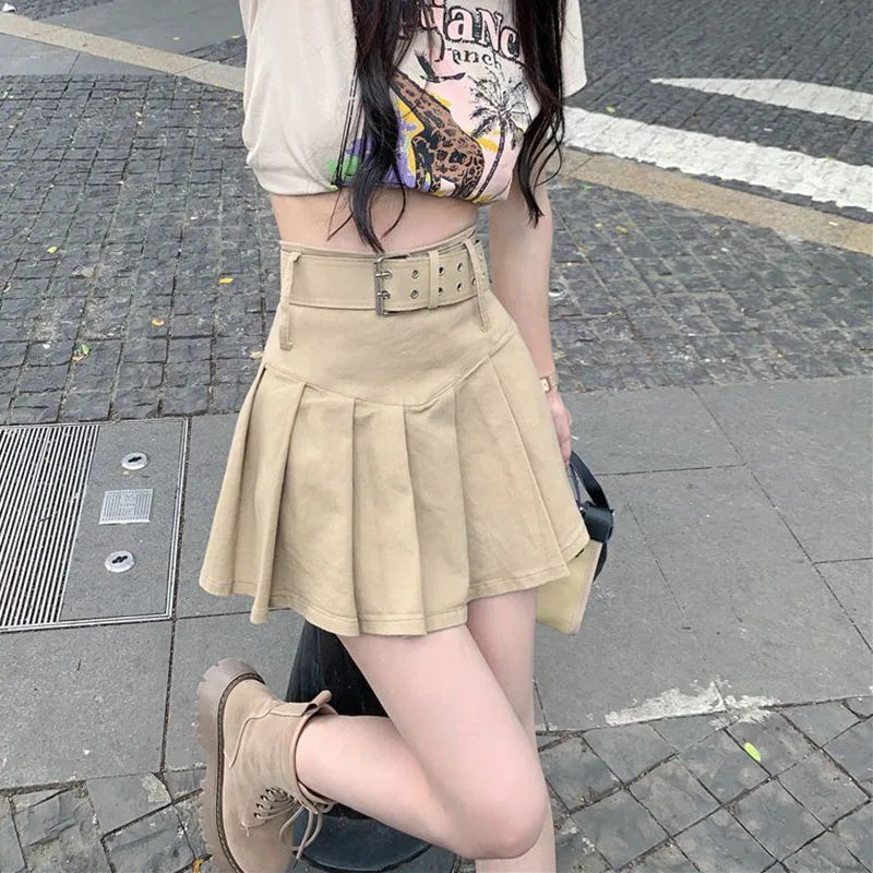 Lucyever Korean High Waist Pleated Skirts Women Summer Khaki Black with Belt A-Line Skirt Woman All-Match Streetwear Mini Skirt