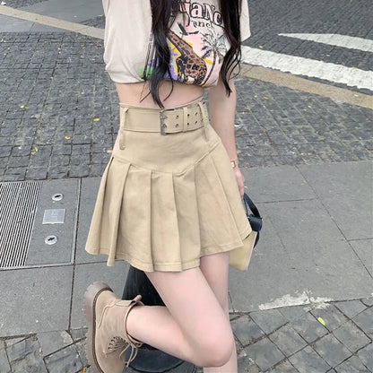 Lucyever Korean High Waist Pleated Skirts Women Summer Khaki Black with Belt A-Line Skirt Woman All-Match Streetwear Mini Skirt