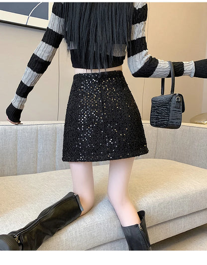 Fashion Y2K Streetwear Winter Mini Skirt Women Glitter Sequin Bodycon Tweed Skirts With Shorts A-Line Pink White Black Faldas