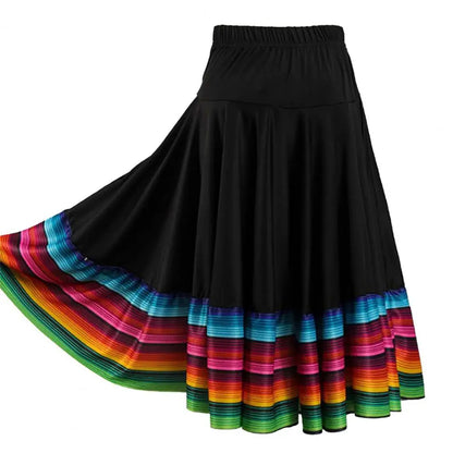 Midi Skirt Ladies Folk Dance Skirt Elastic High Waist Spanish Swing Skirt Rainbow Large Swing Hem Mexican Flamenco Dance Skirts