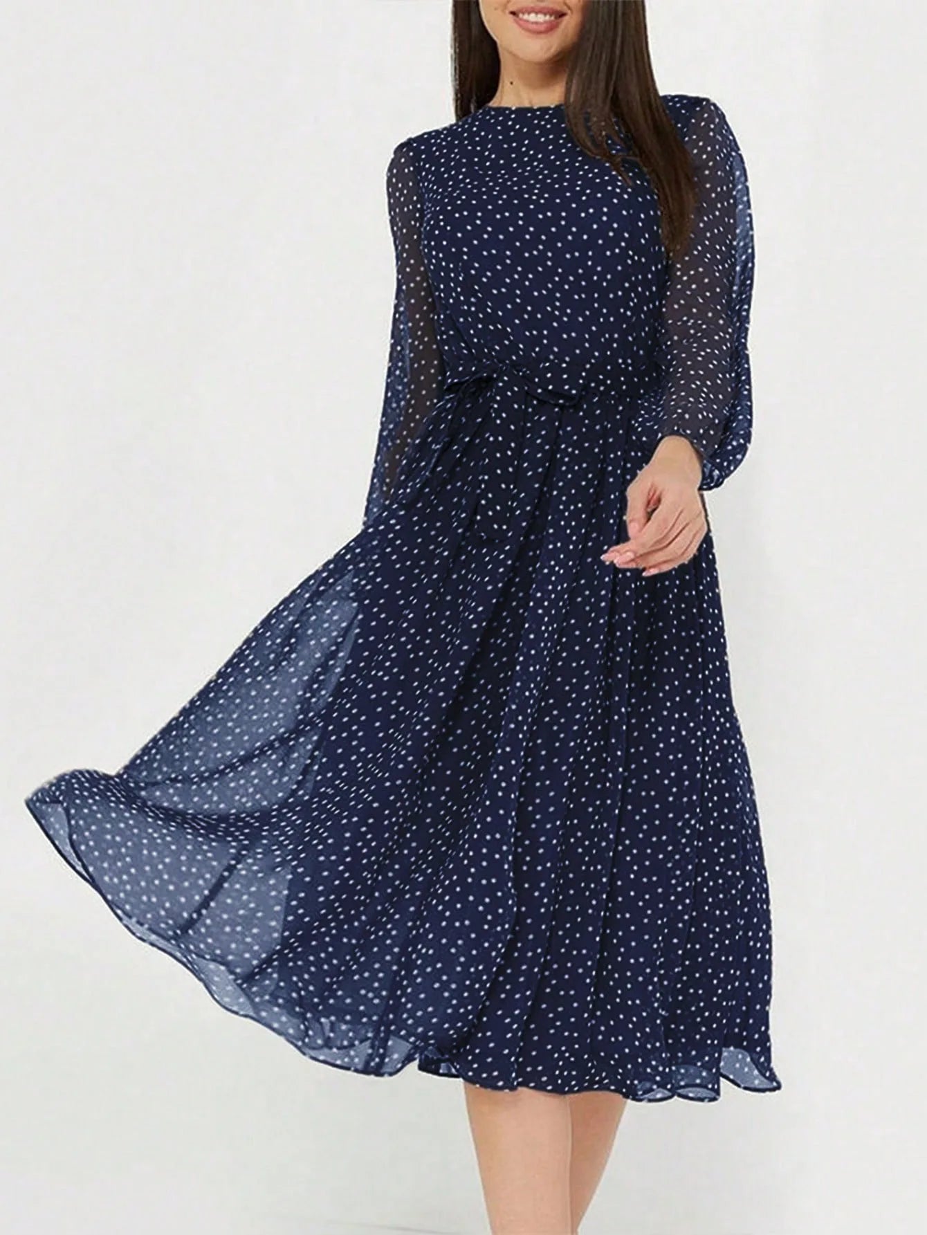 Print Dot Dress Women Casual Long Sleeve Round Neck Midi Dresses Lace Up Vocation Elegant Vestidos Summer 2025 Y2k Streetwear
