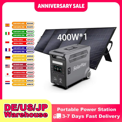 SOLARPLAY Q3600 Outdoor Generator 3600W MPPT Portable Power Station with 400W Folable Solar Panels Trolley For RV Camping