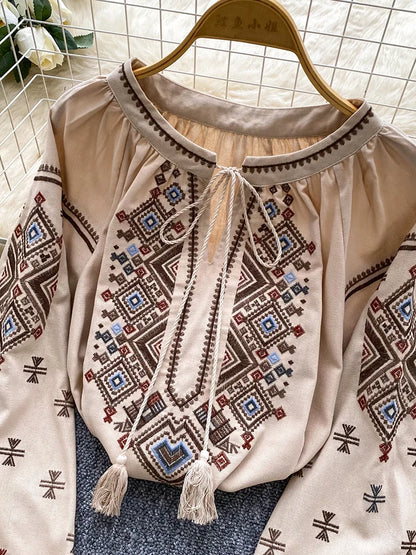 Women Autumn Blouse Loose Artistic Retro Heavy Industry Embroidery Bow O-Neck Lantern Sleeve Shirt Casual Versatile Top BL270