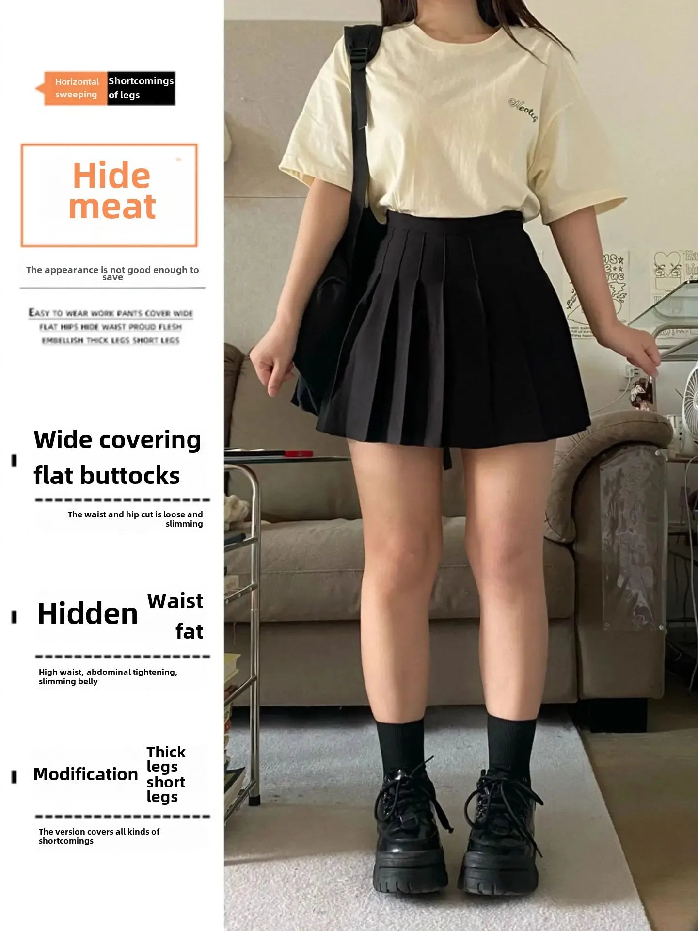 High-Waisted Slimming Pleated Mini Dress Plus Size Black Hip Covering A- Line Skirt Female Academic Style