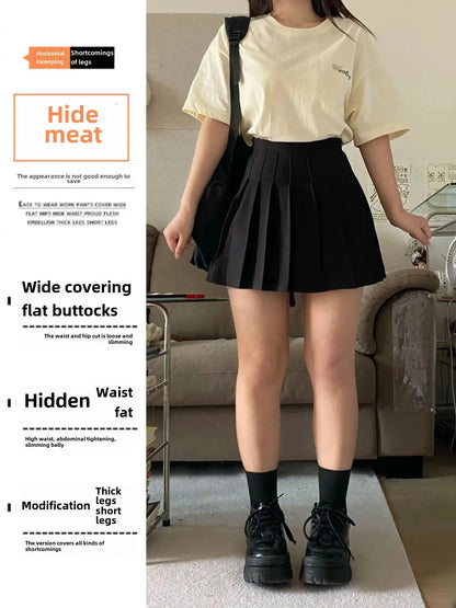High-Waisted Slimming Pleated Mini Dress Plus Size Black Hip Covering A- Line Skirt Female Academic Style