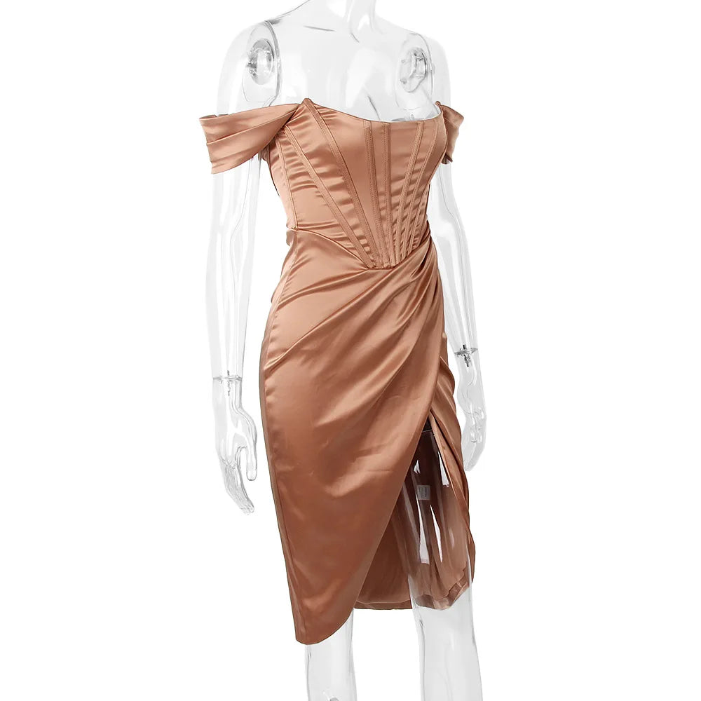 Cryptographic Draped Satin Corset Dresses Bodycon Party Night Club Off Shoulder Gown Elegant Backless Sexy Dress Birthday