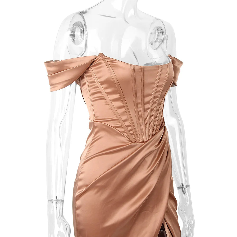 Cryptographic Draped Satin Corset Dresses Bodycon Party Night Club Off Shoulder Gown Elegant Backless Sexy Dress Birthday