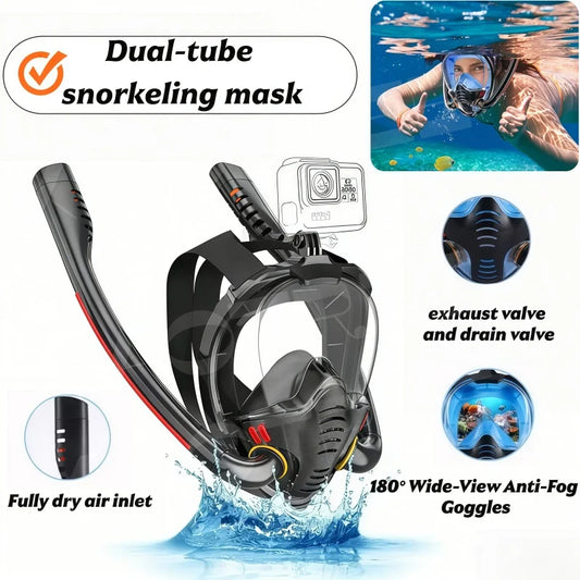XIAOTREE Dual-Tube Silicone Full-Face Dry Snorkel Mask Adult Swimming Diving Mask Underwater Breathing Mask