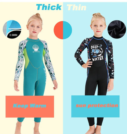 Children Wetsuit 2.5MM Neoprene Diving Suit For Girls Boys One-Piece Swimsuits Long Sleeve Kids Swimwears Snorkeling Rash Guards