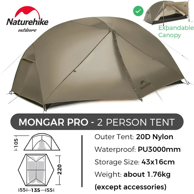 Naturehike Mongar 2 Person Tent Ultralight Camping Tent Outdoor Travel Tent Double Layer Waterproof Tent 3 Season Portable Tent