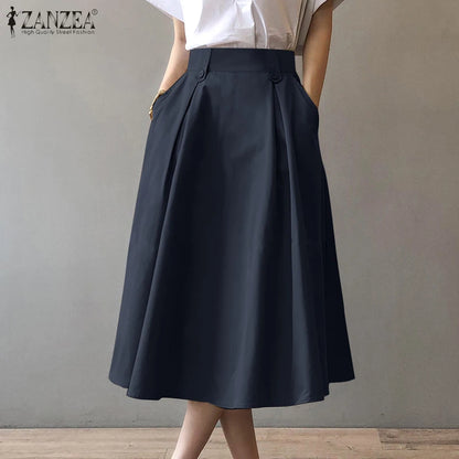 Women Elegant Office Work Skirts ZANZEA Autumn Summer High Waist Faldas Saia Jupe Casual Solid Midi Skirt Fashion Party Sundress