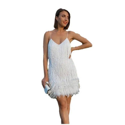 Summer Fashion Elegant Tassel Sequin Dress Women's Sexy Slim Sleeveless V-neck High Waist Suspender Feather Stitching Dresses