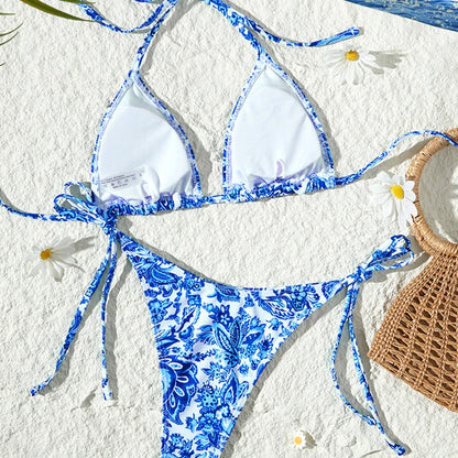 Blue White Porcelain Printing Halter String Triangle Two Piece Bikini Women Swimsuit Separate Beach Wear Adjust Lace-up Swimsuit