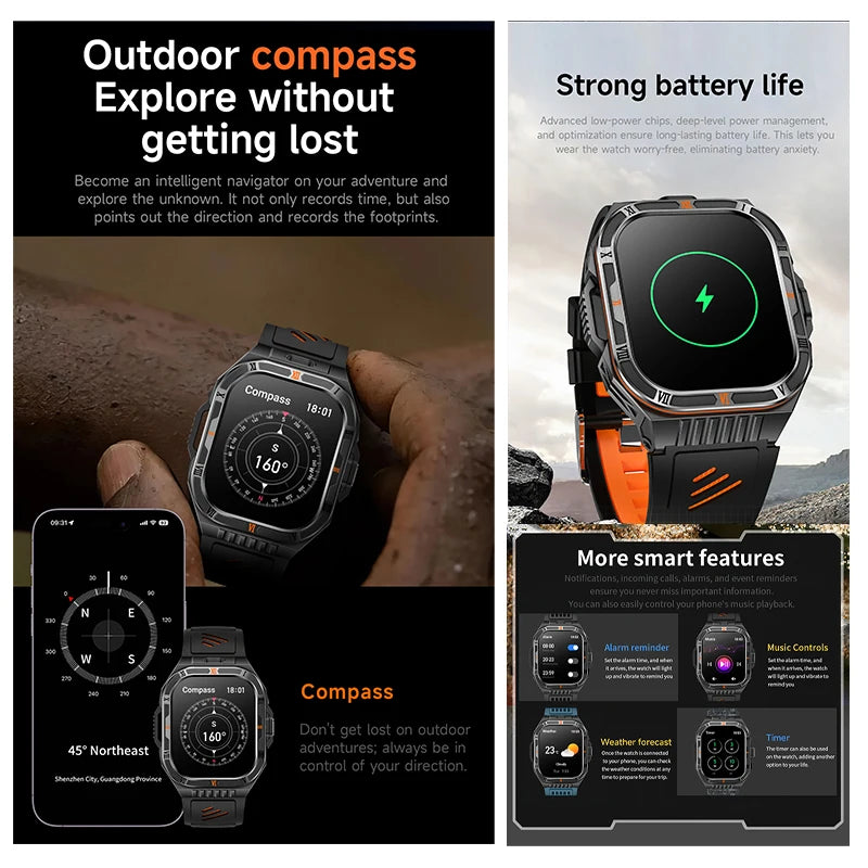 New 1100mAh Big Battery Smart Watch Men Outdoor Compass Bluetooth Call IP68 Waterproof Sports 2.01 Inch Flashlight Smart Watch