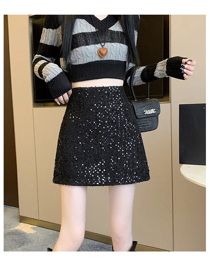 Fashion Y2K Streetwear Winter Mini Skirt Women Glitter Sequin Bodycon Tweed Skirts With Shorts A-Line Pink White Black Faldas