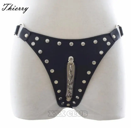 Thierry aAdult Games Female Sex Products Exotic PU Leather Black Thongs Sexy Chain Sexy Chain Adjustable Chastity Belt for Women