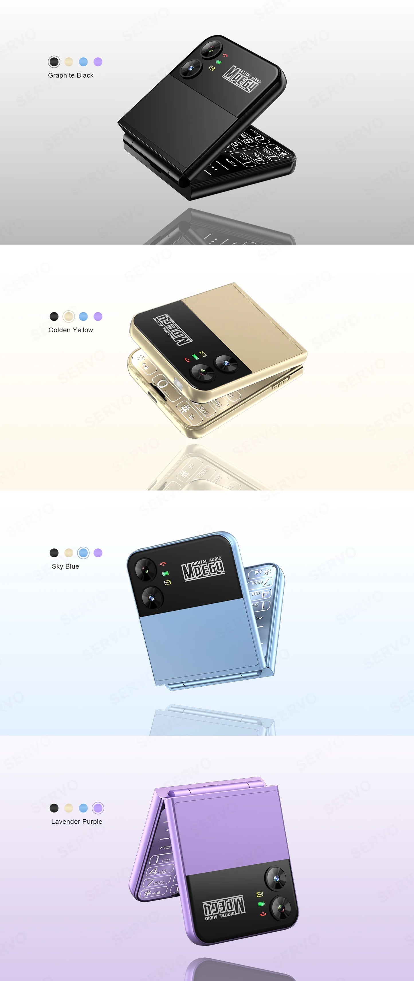 SERVO 4 SIM Fashionable Flip Cellular Phone Speed Dial Flashlight Magic Voice FM Radio 2G GSM Foldable Mobile Phone Type-C 2.6"
