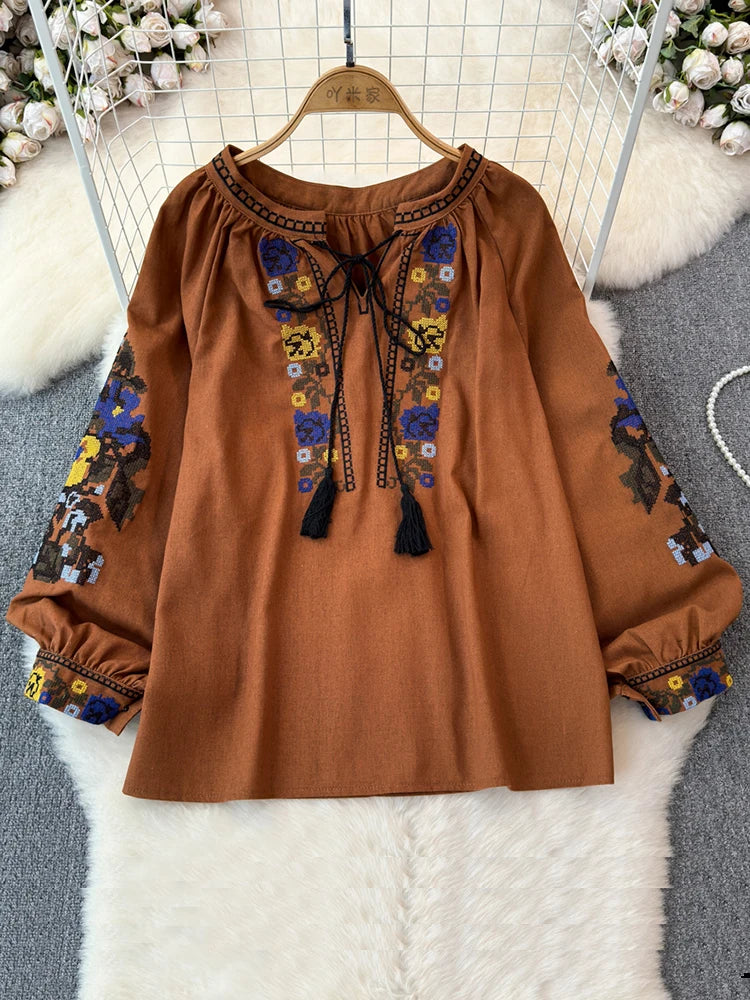 2026 Spring Retro Embroidered Shirt Top Female Lace Up Tassel Loose Lantern Sleeves Ethnic Style Blouse Female A70