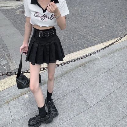 Lucyever Korean High Waist Pleated Skirts Women Summer Khaki Black with Belt A-Line Skirt Woman All-Match Streetwear Mini Skirt