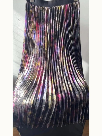 Shiny Colorful Luxury High Waist Metallic Pleated Midi Skirt 2025 Fashion Trends Elastic Waistband Pleated Skirt Old Money Style