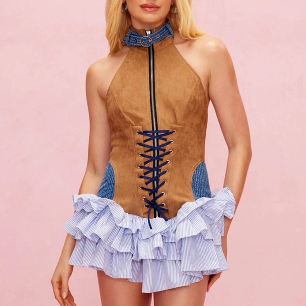 TWOTWINSTYLE Colorblock Slimming Spliced Lace Up Dresses for Women Halter Neck Sleeveless Patchwork Ruffles Fold Dress Female