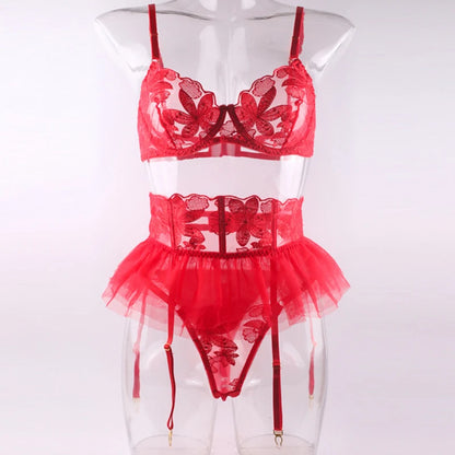 Lingerie Set Women Sexy Underwear Push Up Strappy Embroidered Mesh Sheer Lingerie Set See Through Panty Bra 3 Piece Langerie